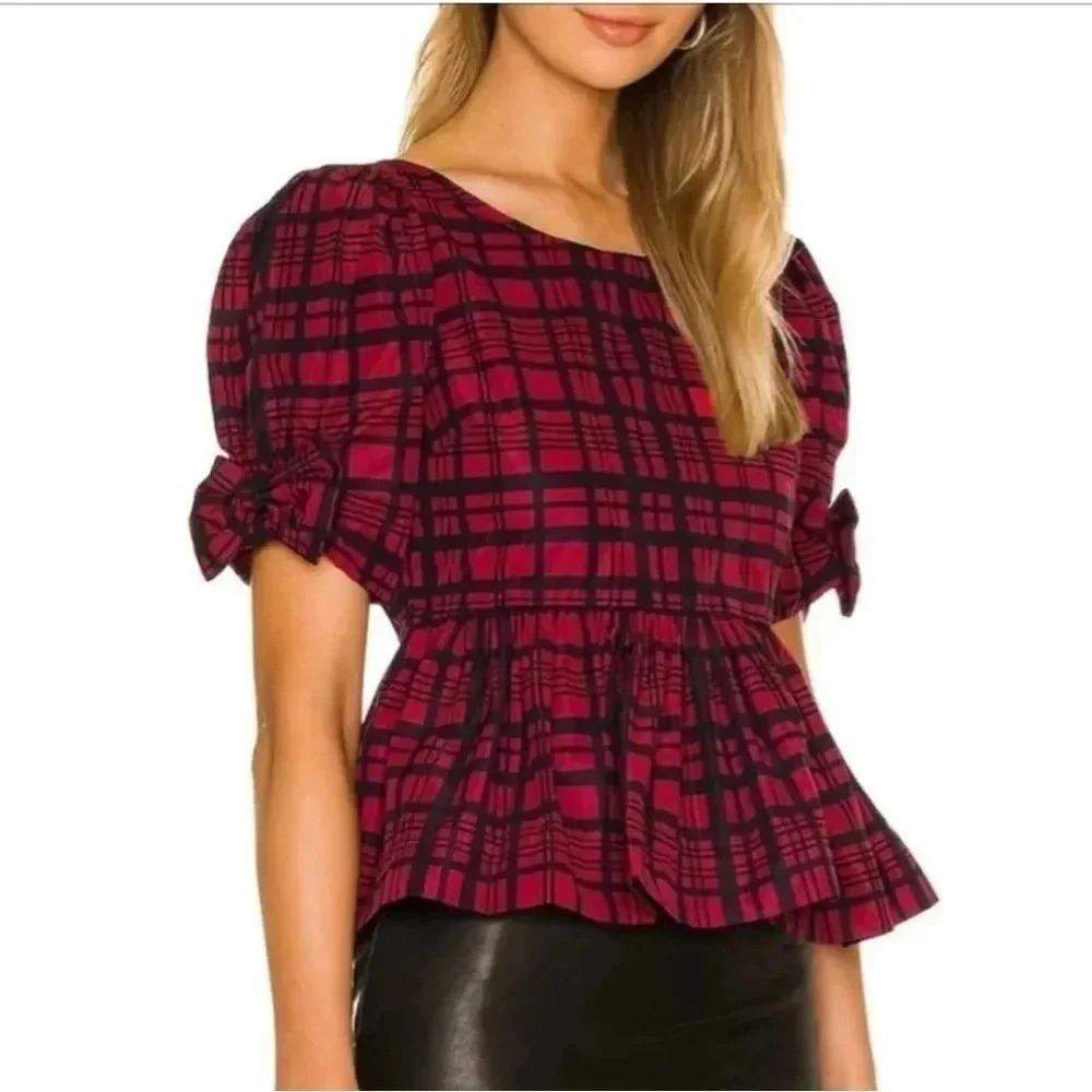 LoveShackFancy Keily Puff-Sleeve Peplum Top Blouse Moody Ruby Plaid Coquette 2
